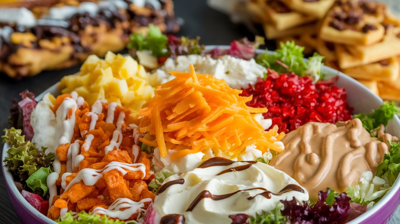 A colorful salad with various toppings including cheese, dressings, and snacks.