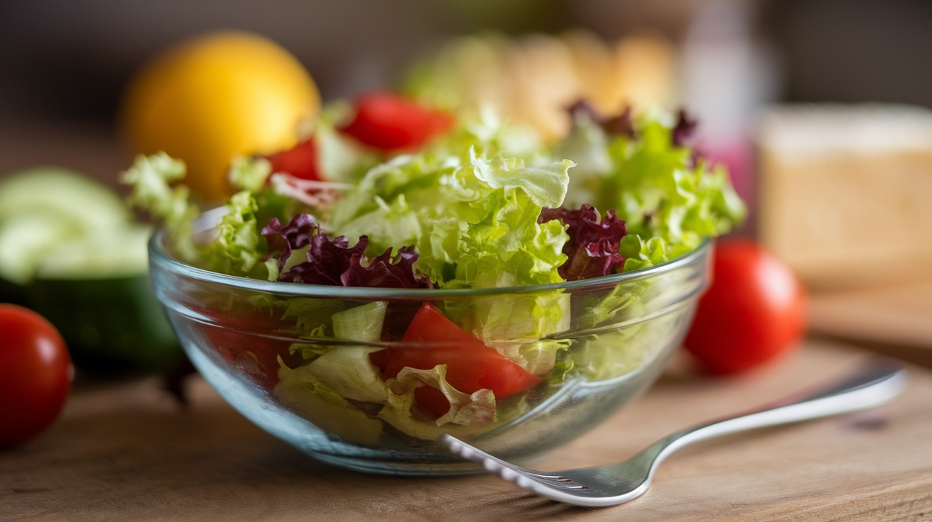 A fresh salad with lettuce, tomatoes, and cucumbers in a glass bowl, surrounded by other fresh ingredients.