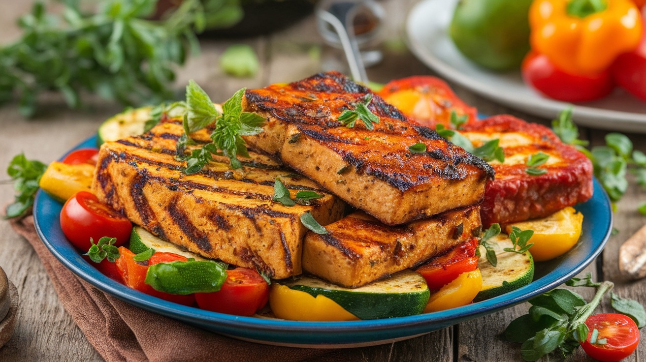 Grilled tofu served with colorful vegetables on a plate