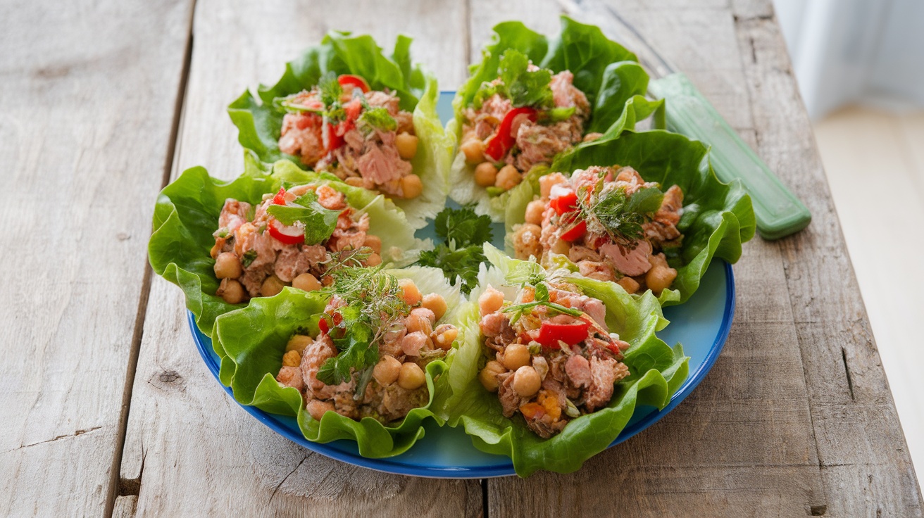 A plate of lettuce wraps filled with tuna or chickpea salad, garnished with tomatoes and herbs.