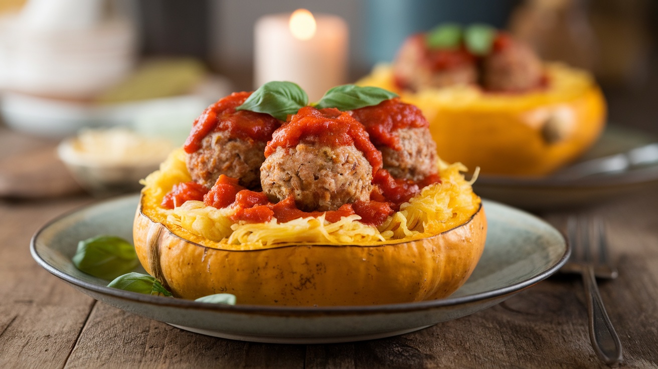 A plate of turkey meatballs served with marinara sauce on spaghetti squash, garnished with basil.