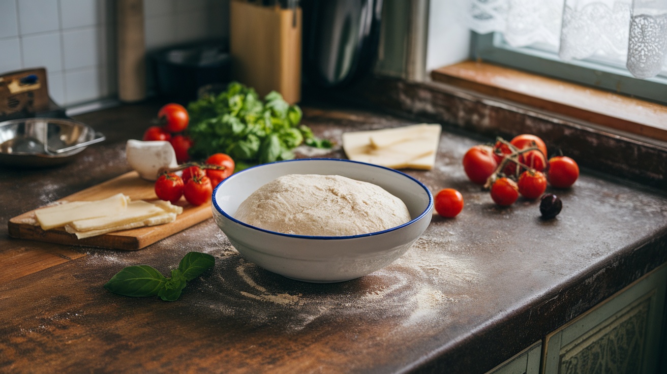 A bowl of pizza dough on a kitchen counter surrounded by fresh ingredients.