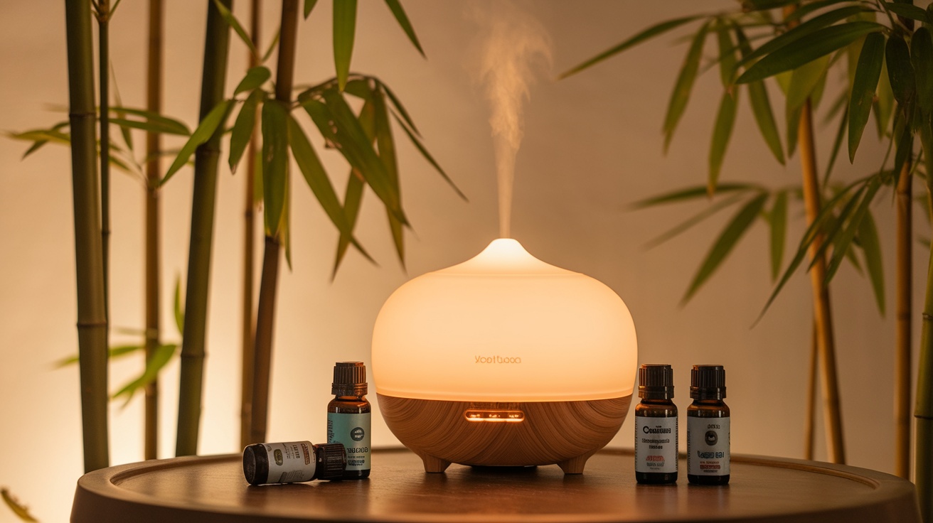 An ultrasonic diffuser with essential oils on a table surrounded by bamboo plants.