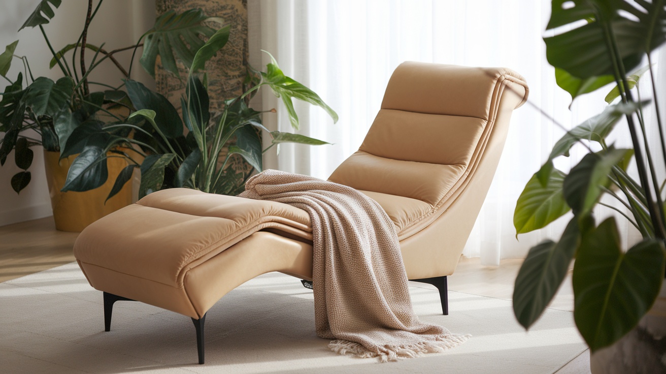 A stylish upholstered indoor chaise lounge with a soft blanket draped over it, surrounded by indoor plants.