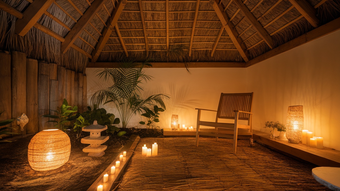 A cozy minimalist zen nook with soft lighting, featuring candles and woven lanterns.