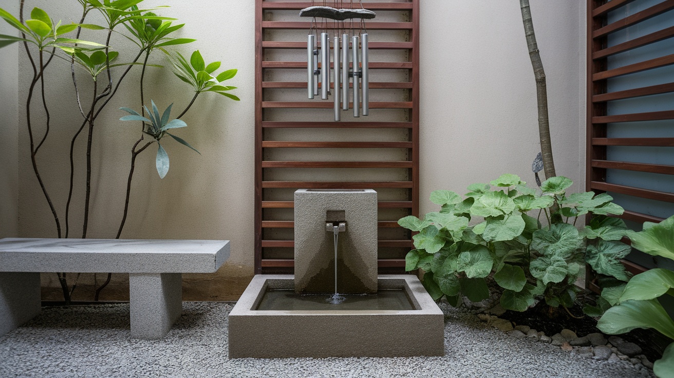 A serene outdoor space featuring a water fountain, plants, and wind chimes.