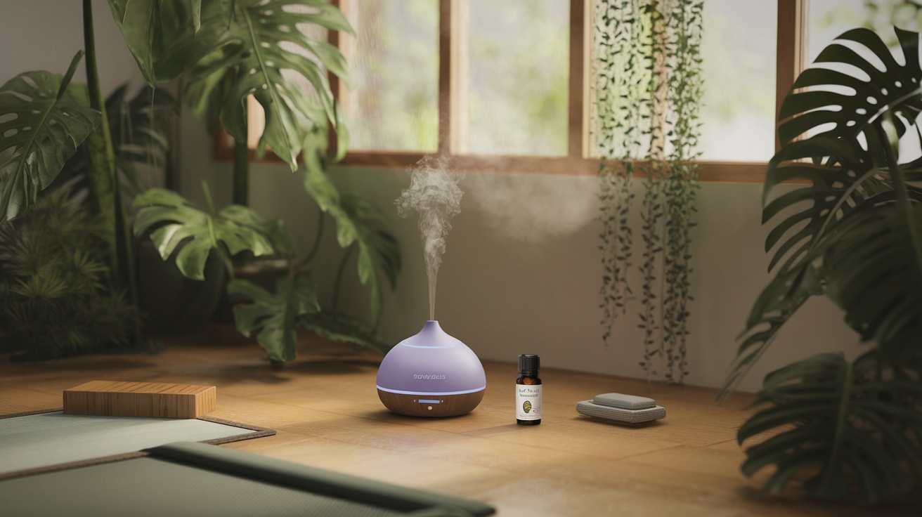 A serene zen room with a diffuser and vetiver oil bottle surrounded by plants