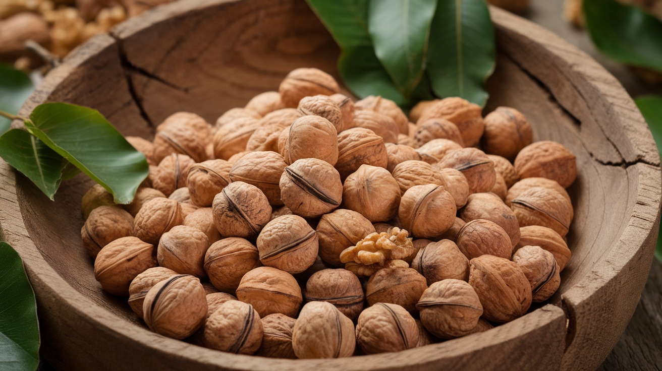 A wooden bowl filled with whole and shelled walnuts, surrounded by green leaves.