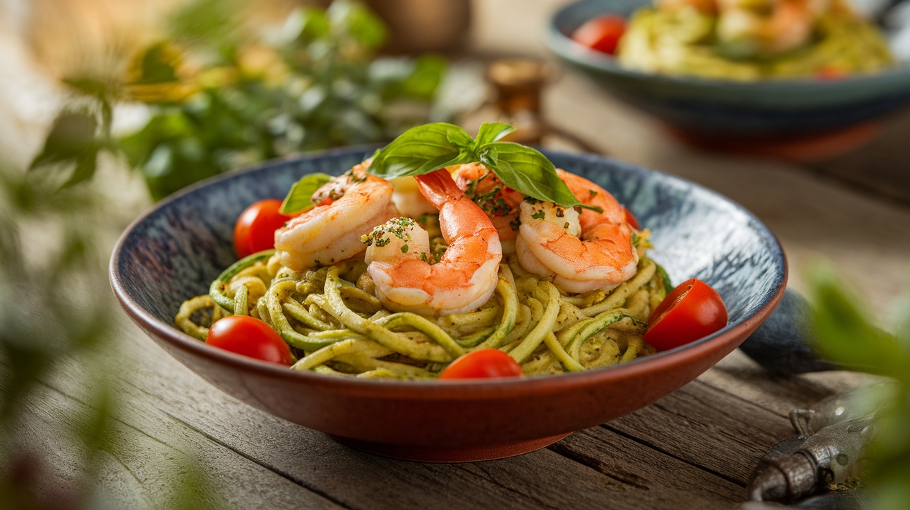 A bowl of zucchini noodle pesto with shrimp, garnished with basil and cherry tomatoes.