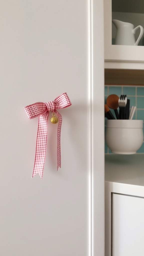 A kitchen cupboard handle adorned with a red gingham bow and a small golden charm.