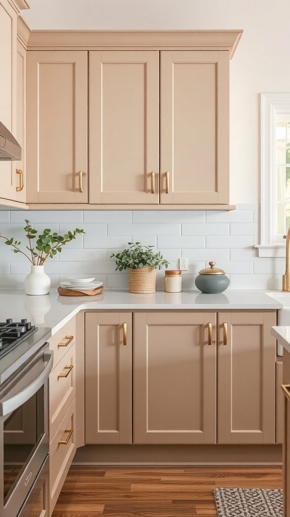 A taupe kitchen with cabinets, gold hardware, and decorative plants.