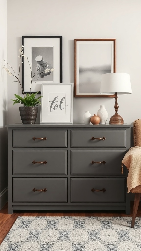 A stylish dresser with modern drawer pulls and decorative items.