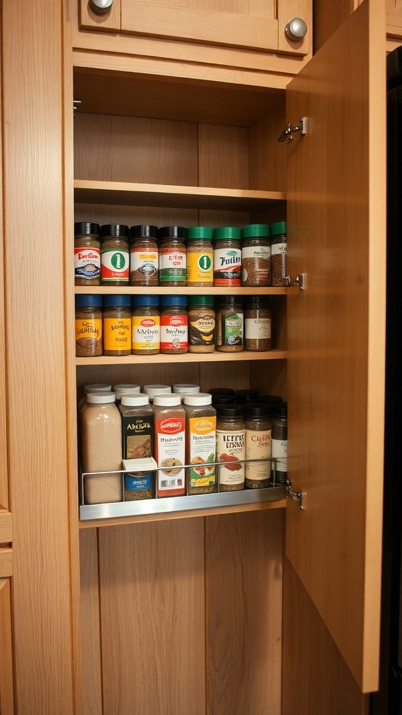 Interior view of a corner kitchen cabinet with organized spice jars and containers.