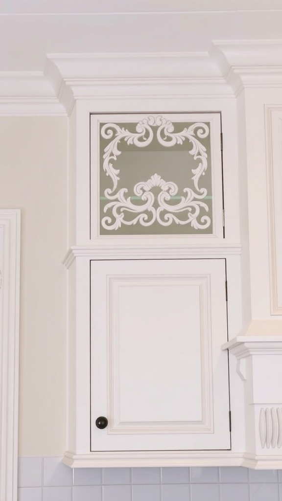 Upper corner cabinet with decorative molding and design.