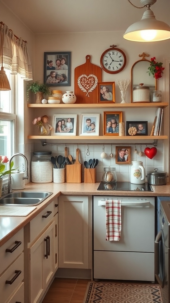 A small kitchen with shelves displaying family photos, decorative items, and kitchen tools.