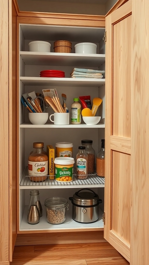 Interior of a corner kitchen cabinet with adjustable shelves holding various kitchen items.