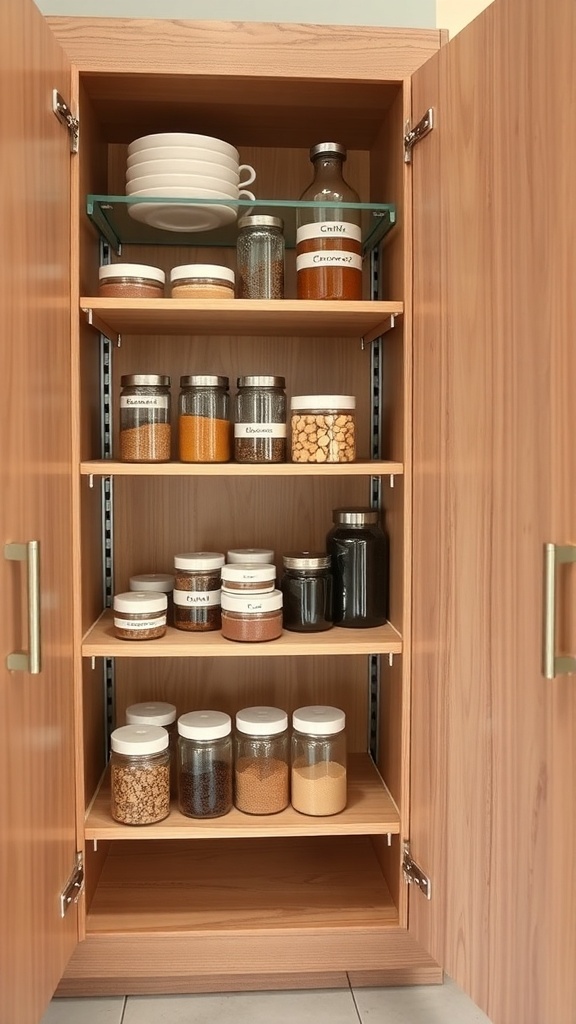 A kitchen cabinet with adjustable shelving displaying various jars and plates.