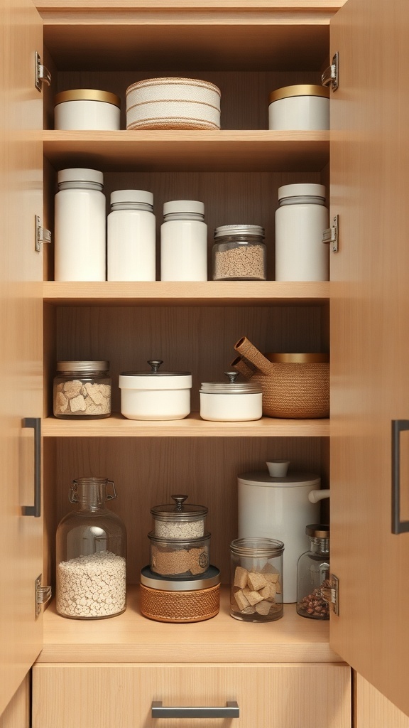 Organized kitchen cabinets with clear containers and minimal clutter
