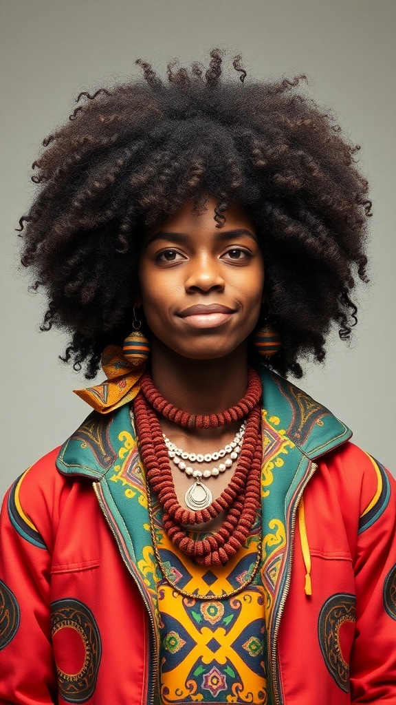 A person with a voluminous Afro hairstyle wearing colorful patterned clothing and layered jewelry.
