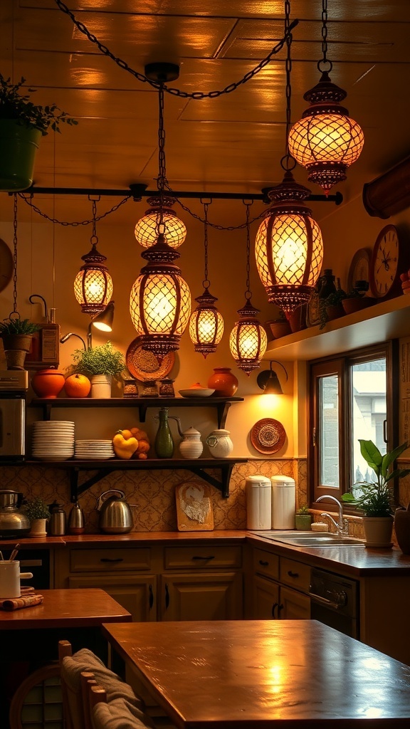 A cozy Indian-style kitchen with warm lantern lighting.