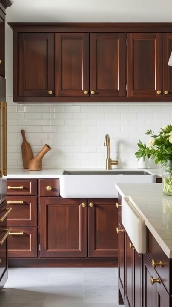 A kitchen featuring antique brass cabinet handles on dark wood cabinets.
