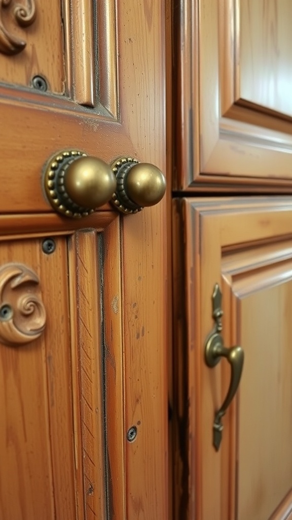 Close-up of antique brass cabinet pulls on wooden cabinets.