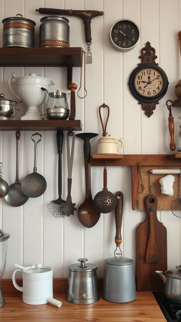 A collection of antique kitchen gadgets displayed on wooden shelves.
