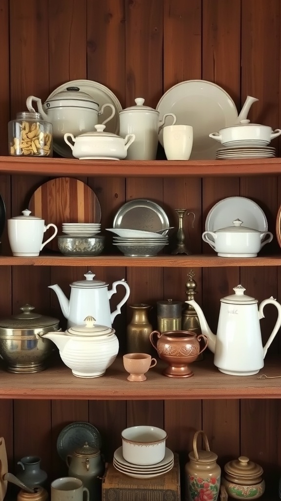 A display of various antique kitchenware including teapots, plates, and jars on wooden shelves.