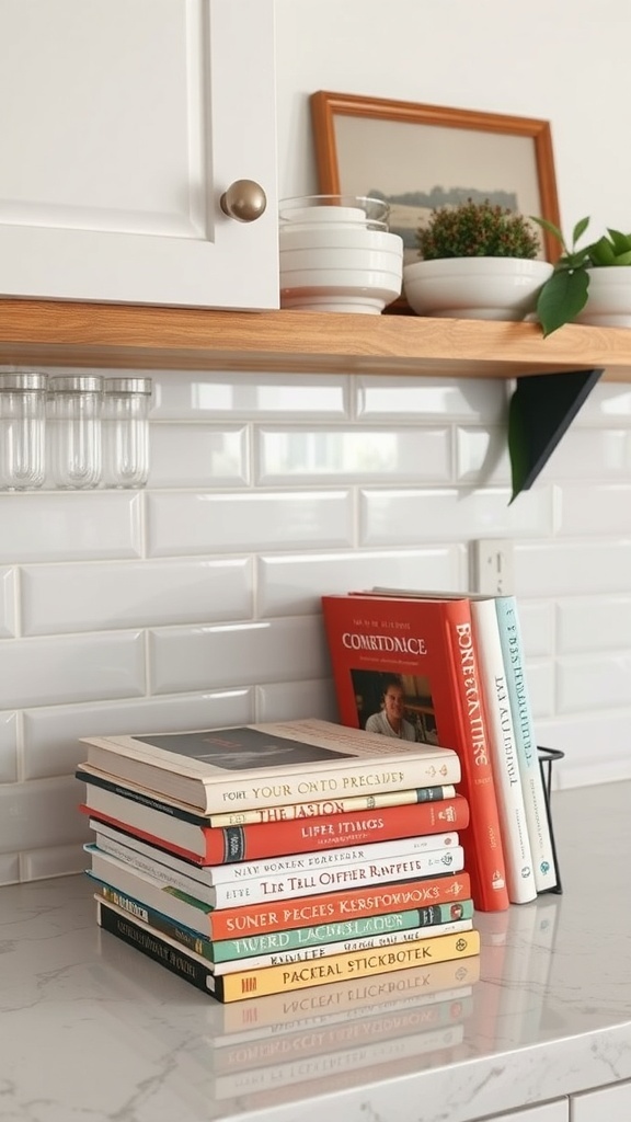 A neatly arranged stack of cookbooks on a kitchen counter.