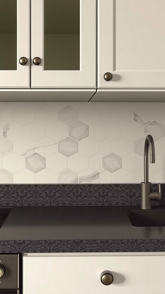 Art Deco style kitchen cabinet pulls on white cabinets with hexagonal backsplash.