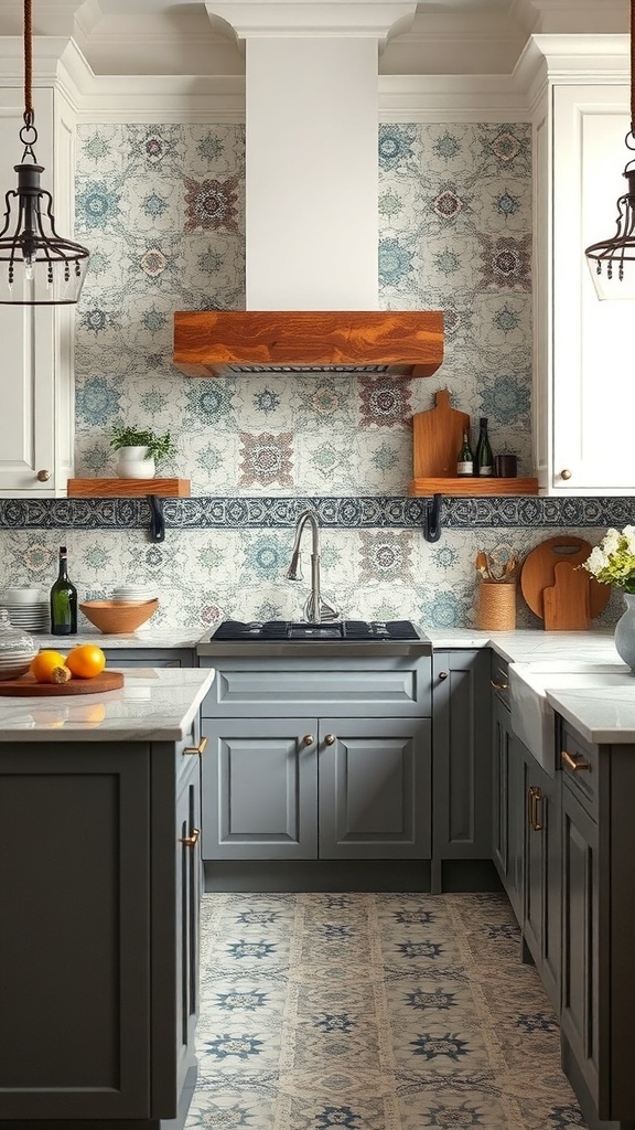 A kitchen featuring artisan tile accents with intricate patterns and a warm color palette.