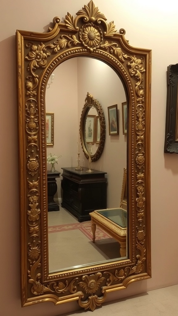 An ornate golden mirror frame with floral designs.