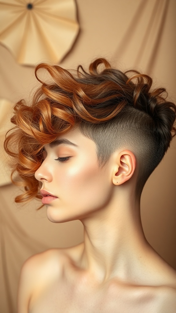 A model showcasing an asymmetrical curly haircut with vibrant curls on one side and a closely cropped side.