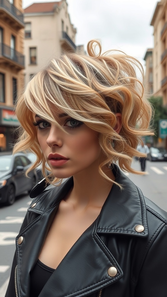 A woman with blonde curly hair styled in an asymmetrical cut, wearing a leather jacket.