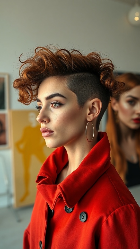 A model with an asymmetrical curly hairstyle, featuring defined curls on one side and a shaved side, wearing a red coat.