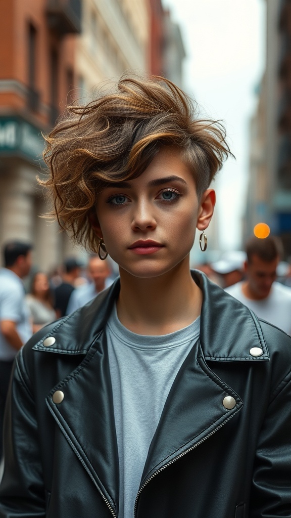 A person with an asymmetrical curly hairstyle, wearing a leather jacket, standing in a busy street.