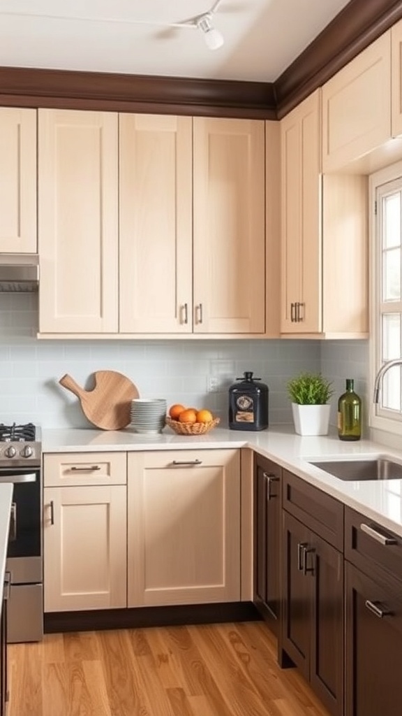 A kitchen with two-tone cabinets, featuring light upper cabinets and dark lower cabinets, complemented by wooden flooring and stylish kitchen accessories.