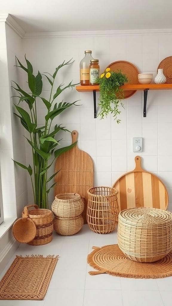 A kitchen featuring bamboo and jute elements, including woven baskets and a bamboo cutting board.