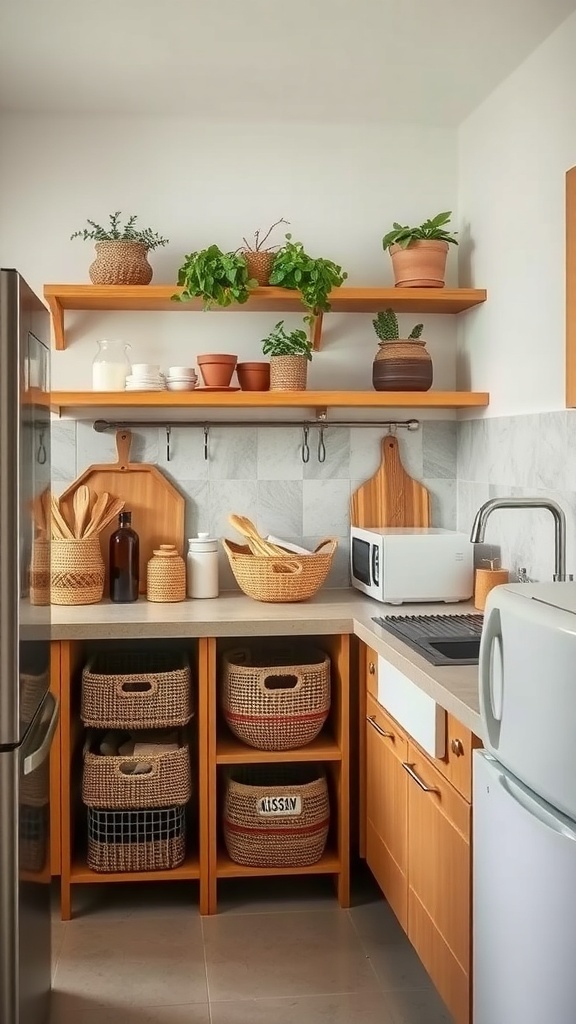 A small kitchen featuring bamboo and jute storage solutions with plants and kitchenware.