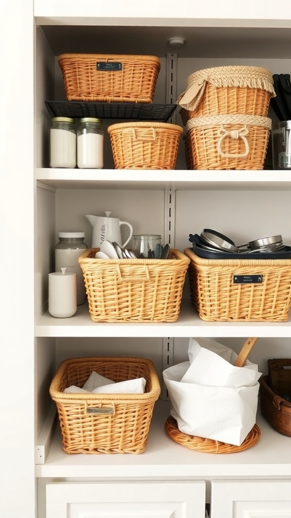 A neatly organized kitchen shelf with various wicker baskets and jars.