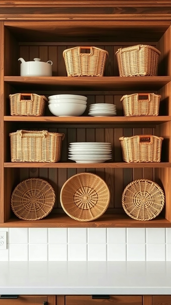 Open shelving with woven baskets and white dishes
