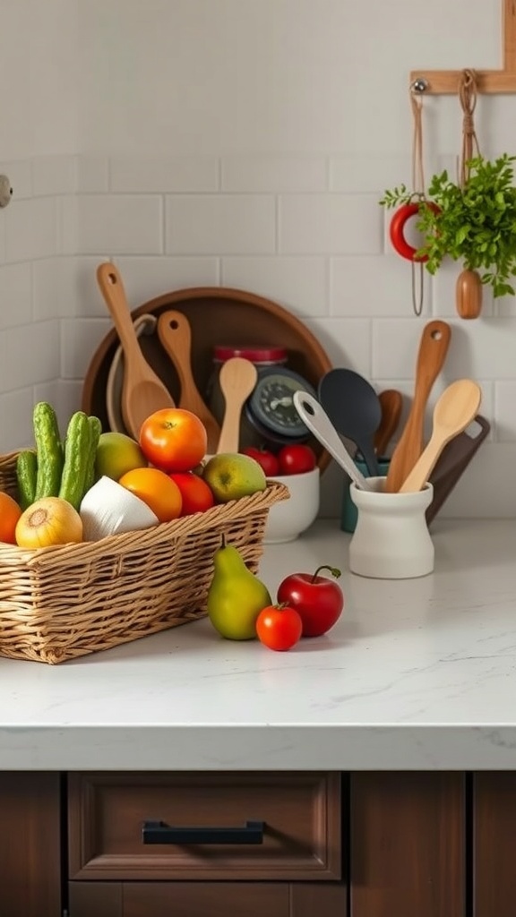 A kitchen countertop with a wicker basket filled with colorful fruits and vegetables, surrounded by cooking utensils.