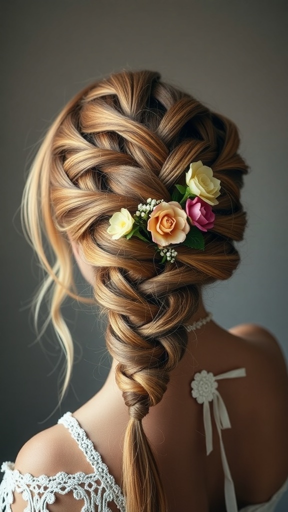 A beautiful bohemian braided updo with flowers.