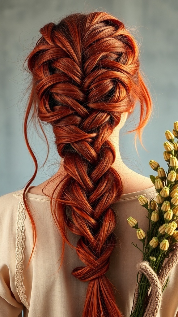 A close-up of a woman’s back with a red twist braid hairstyle, holding a bouquet of flowers.