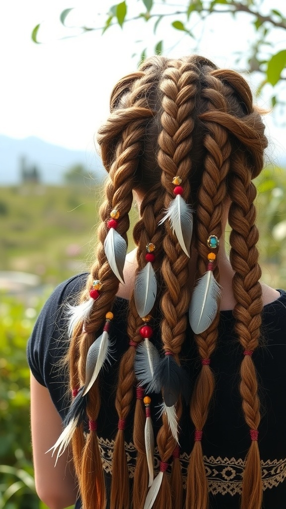 A person with multiple boho braids adorned with feathers and beads, showcasing a stylish summer hairstyle.