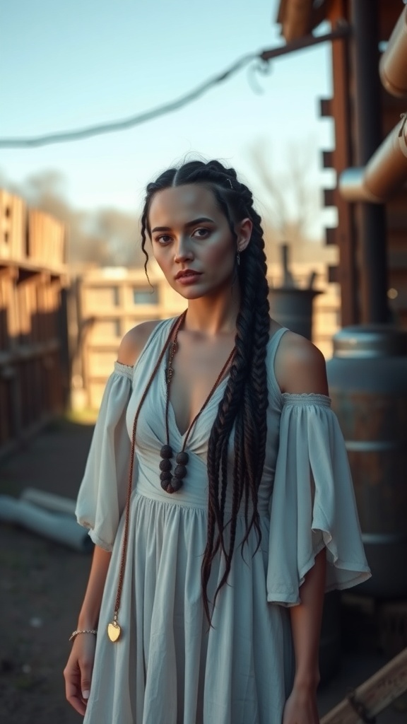 A woman with long box braids wearing a flowing off-the-shoulder dress, set against a rustic background.