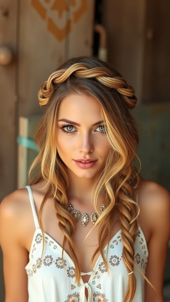 A woman with long hair styled in a boho chic braided crown, featuring soft waves and a relaxed outfit.