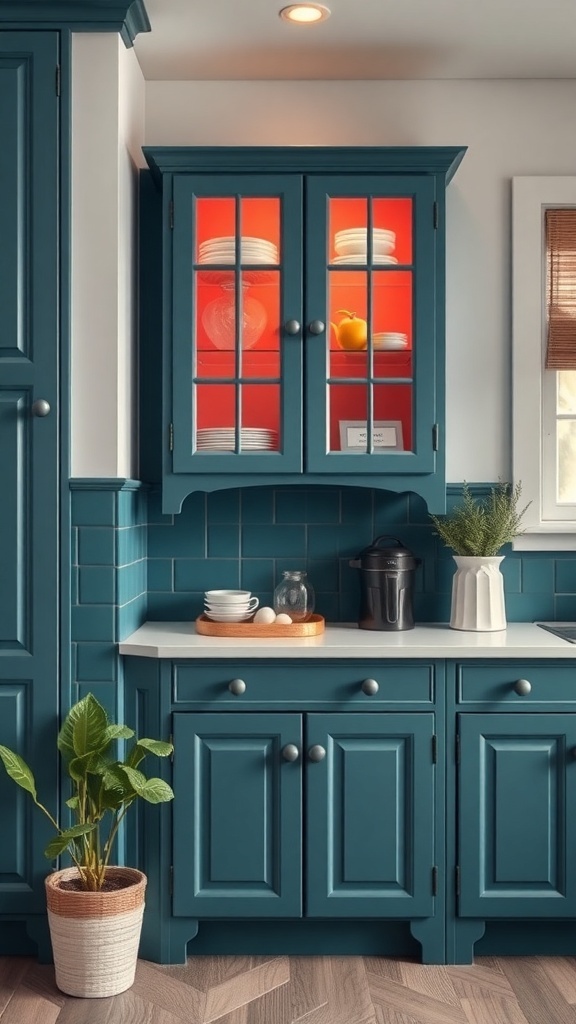 A stylish upper corner cabinet in rich teal with bright red interior, showcasing plates and decorative items.