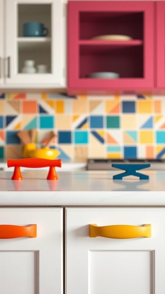 Colorful kitchen pulls in red, yellow, and blue on white cabinets.