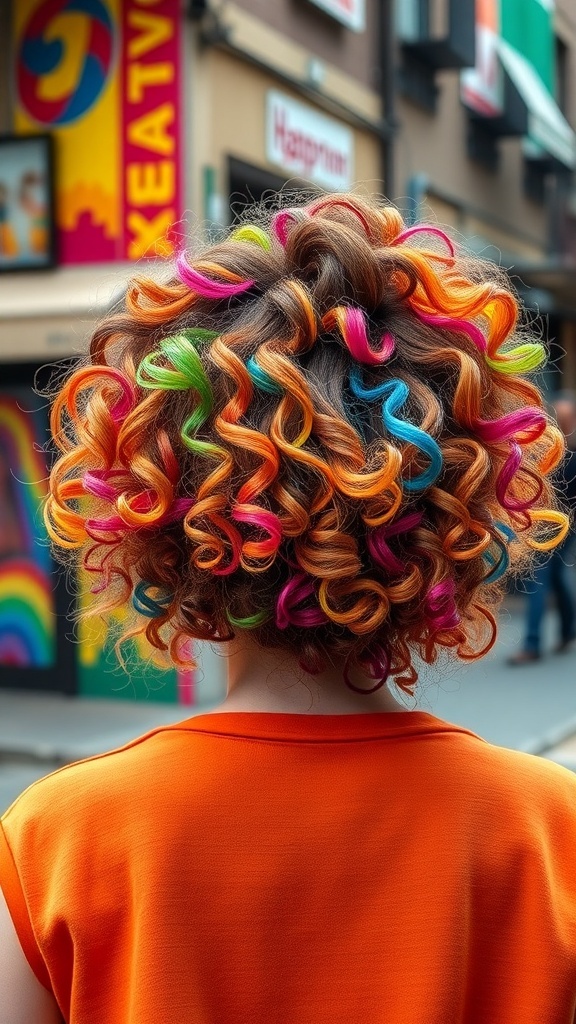 A person with colorful curly hair featuring shades of orange, pink, green, and blue, wearing an orange top.